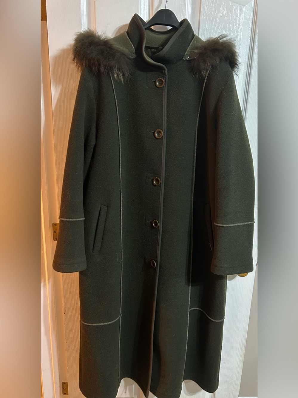 Vintage ME-JAY Dark Moss Green Wool Coat with Fur Trim, Size 16